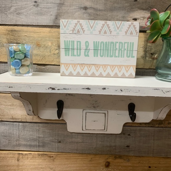 Rustic Off White Wall Shelf with Hooks - Picture 2 of 8